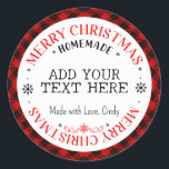 Merry Christmas Custom Buffalo Plaid Zelfgemaakt Ronde Sticker<br><div class="desc">Vrolijke kerst zelfgemaakte ronde sticker met sneeuwvlokken en mogelijkheden om uw eigen tekst toe te voegen ( naam of bedrijfsnaam) en kort bericht naar de onderkant. Kan voor uw kleine onderneming,  gebeurtenissen,  non-profit enz. voor promotiemarketing,  klant worden gebruikt dank u giften,  enz. Veel plezier ermee!</div>