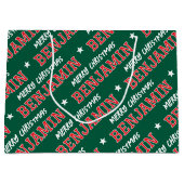 Merry Christmas Custom Name Groen Rood Groot Cadeauzakje (Voorkant)