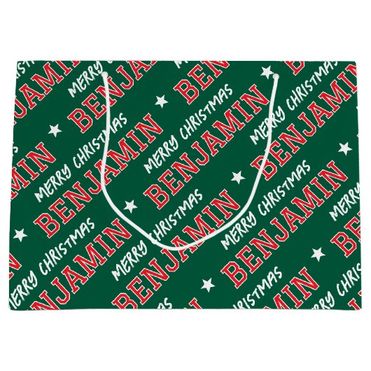 Merry Christmas Custom Name Groen Rood Groot Cadeauzakje (Voorkant)