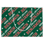 Merry Christmas Custom Name Groen Rood Groot Cadeauzakje (Achterkant)