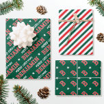 Merry Christmas Custom Name Monogram Groen Rood Inpakpapier Vel<br><div class="desc">Verhoog uw geschenk geven dit vakantieseizoen met een set van prachtig op elkaar afgestemde design! Met drie unieke patronen in bijpassende kleuren, die individueel of als set kunnen worden gebruikt. Het eerste blad is gepersonaliseerd met de naam van de ontvanger in klassieke blokstijl letters. De zin 'Vrolijk kerstfeest' kan ook...</div>