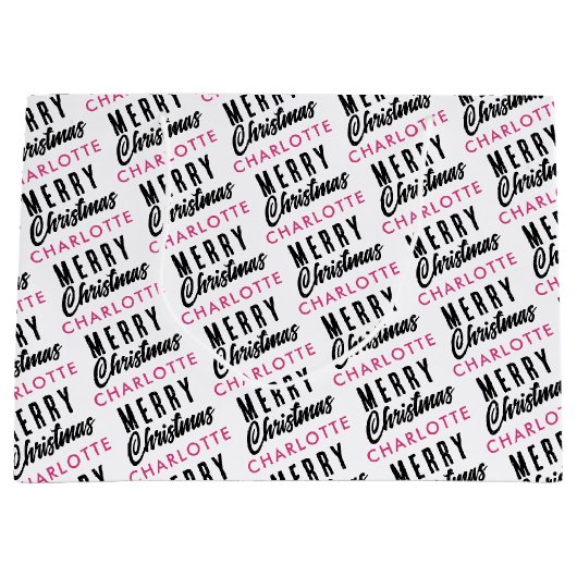 Merry Christmas Custom Name Pink Trendy Groot Cadeauzakje (Voorkant)