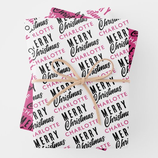 Merry Christmas Custom Name Pink Trendy Inpakpapier Vel (In situ)