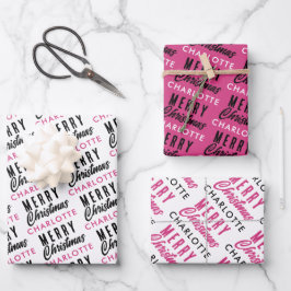 Merry Christmas Custom Name Pink Trendy Inpakpapier Vel