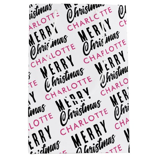 Merry Christmas Custom Name Pink Trendy Medium Cadeauzakje (Voorkant)