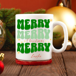 Merry Christmas Custom Name Retro Groovy Groen Mok
