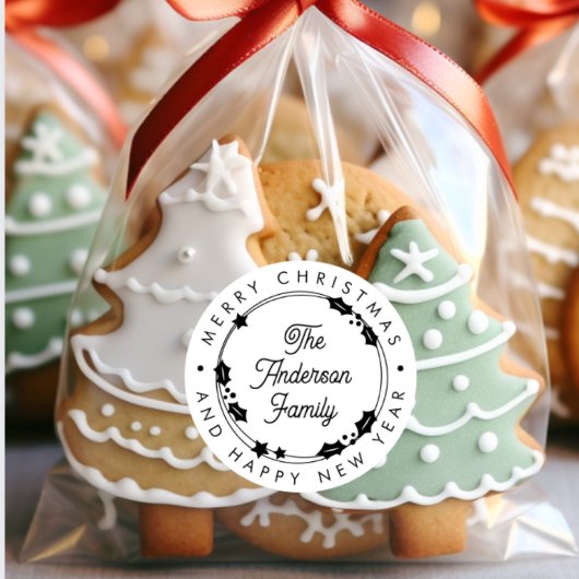 Merry Christmas Custom Name Script Holly Wreath Ronde Sticker