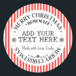 Merry Christmas Custom Rode Strepen Zelfgemaakt Ronde Sticker<br><div class="desc">Vrolijke kerst zelfgemaakte ronde sticker met zwarte rode strepen,  sneeuwvlokken en mogelijkheden om uw eigen tekst ( naam of bedrijfsnaam) en korte boodschap naar de onderkant toe te voegen. Kan voor uw kleine onderneming,  gebeurtenissen,  non-profit enz. voor promotiemarketing,  klant worden gebruikt dank u giften,  enz. Veel plezier ermee!</div>