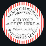 Merry Christmas Custom Rode Strepen Zelfgemaakt Ronde Sticker<br><div class="desc">Vrolijke kerst zelfgemaakte ronde sticker met zwarte rode strepen,  sneeuwvlokken en mogelijkheden om uw eigen tekst ( naam of bedrijfsnaam) en korte boodschap naar de onderkant toe te voegen. Kan voor uw kleine onderneming,  gebeurtenissen,  non-profit enz. voor promotiemarketing,  klant worden gebruikt dank u giften,  enz. Veel plezier ermee!</div>