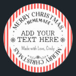 Merry Christmas Custom Rode Strepen Zelfgemaakt Ronde Sticker<br><div class="desc">Vrolijke kerst zelfgemaakte ronde sticker met zwarte rode strepen,  sneeuwvlokken en mogelijkheden om uw eigen tekst ( naam of bedrijfsnaam) en korte boodschap naar de onderkant toe te voegen. Kan voor uw kleine onderneming,  gebeurtenissen,  non-profit enz. voor promotiemarketing,  klant worden gebruikt dank u giften,  enz. Veel plezier ermee!</div>