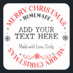 Merry Christmas Custom Tekst toevoegen Zelfgemaakt Vierkante Sticker<br><div class="desc">Vrolijke kerst zelfgemaakte vierkante sticker met sneeuwvlokken en mogelijkheden om uw eigen tekst toe te voegen ( naam of bedrijfsnaam) en kort bericht naar de onderkant. Kan voor uw kleine onderneming,  gebeurtenissen,  non-profit enz. voor promotiemarketing,  klant worden gebruikt dank u giften,  enz. Veel plezier ermee!</div>