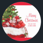 Merry Christmas Custom Voeg Jouw tekst Gifts Elega Ronde Sticker<br><div class="desc">Aangepast toevoegen Jouw tekst Merry Christmas Tree en geschenken Elegante Sjabloon Classic ronde Sticker.</div>