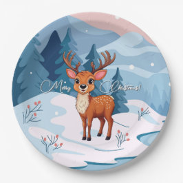 Merry Christmas Cute Cartoon Reindeer in winter  Papieren Bordje
