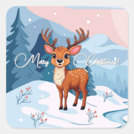 Merry Christmas Cute Cartoon Reindeer in winter  Vierkante Sticker