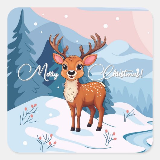 Merry Christmas Cute Cartoon Reindeer in winter  Vierkante Sticker (Voorkant)