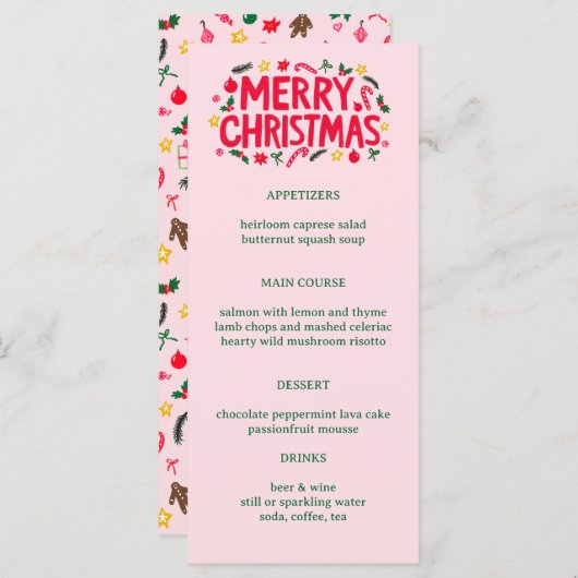 Merry Christmas Cute CUSTOM Holiday Dinner Party Menu (Voorkant / Achterkant)