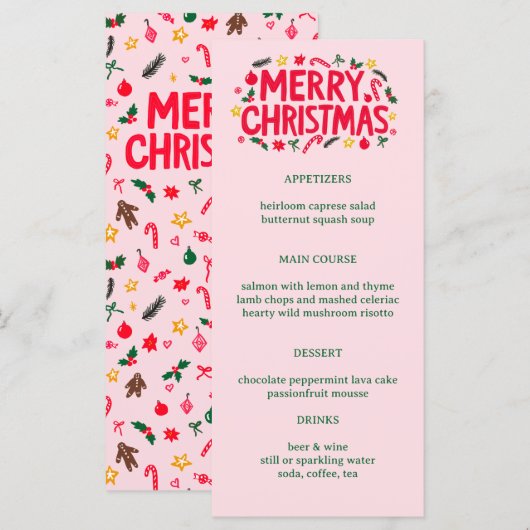 Merry Christmas Cute CUSTOM Holiday Dinner Party Menu (Voorkant / Achterkant)