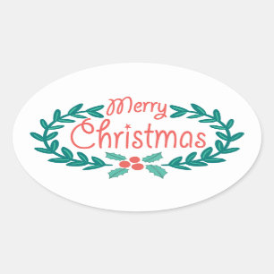 MERRY CHRISTMAS CUTE HAND-DRAWN HOLLY WREATH OVALE STICKER