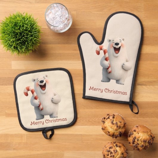 Merry Christmas Cute Polar Bear Design Ovenwant & Pannenlap Set (Top down)