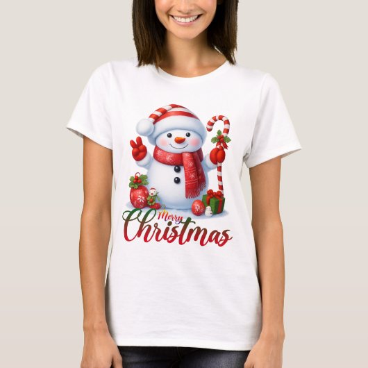 Merry Christmas Cute Snowman Illustration Tee T-shirt (Voorkant)