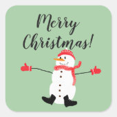 Merry Christmas Cute Snowman on Sage Green Vierkante Sticker (Voorkant)