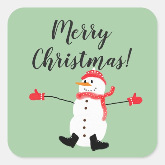 Merry Christmas Cute Snowman on Sage Green Vierkante Sticker (Voorkant)