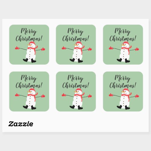 Merry Christmas Cute Snowman on Sage Green Vierkante Sticker (Vel)