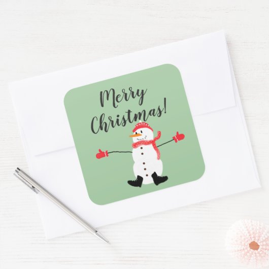 Merry Christmas Cute Snowman on Sage Green Vierkante Sticker (Envelop)
