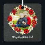 Merry Christmas Dad Rustic Chalkboard Photo Metalen Ornament<br><div class="desc">Wish Dad a merry christmas with this rustic chalkboard and red floral wreath photo ornament.</div>