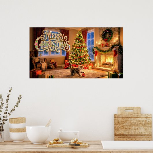 Merry Christmas Decorative Artwork with Kitten #2 Poster (Keuken)