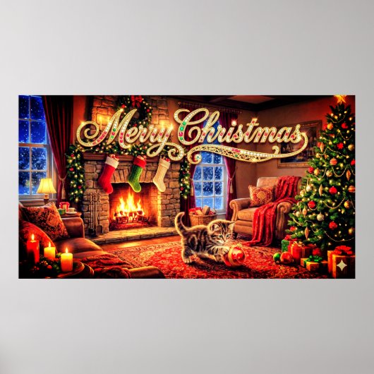 Merry Christmas Decorative Artwork with Kitten Poster (Voorkant)