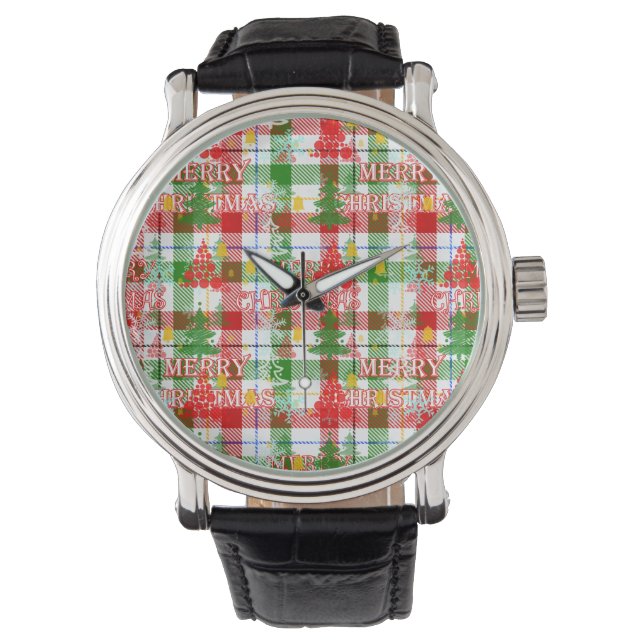 Merry Christmas Decorative Plaid Tartan  Horloge (Voorkant)