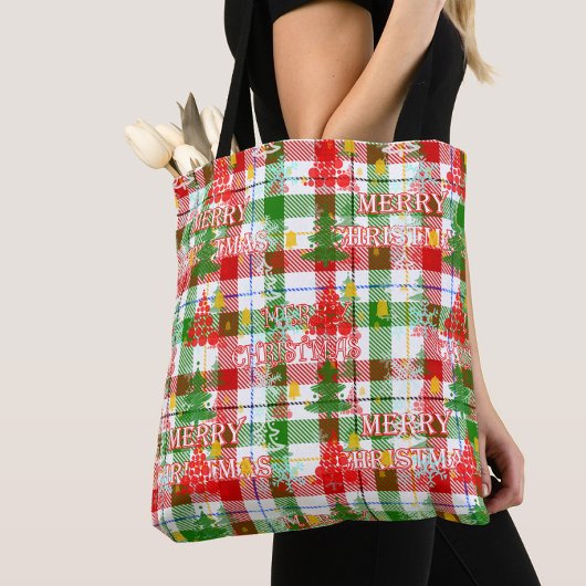 Merry Christmas Decorative Plaid Tartan  Tote Bag