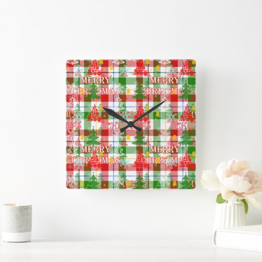 Merry Christmas Decorative Plaid Tartan Vierkante Klok (Huis)