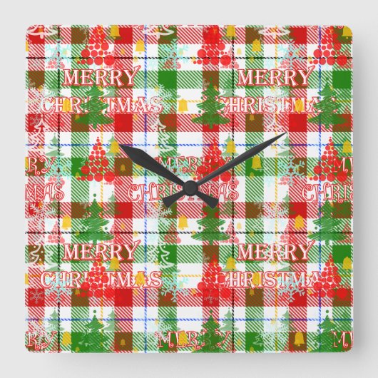 Merry Christmas Decorative Plaid Tartan  Vierkante Klok (Voorkant)
