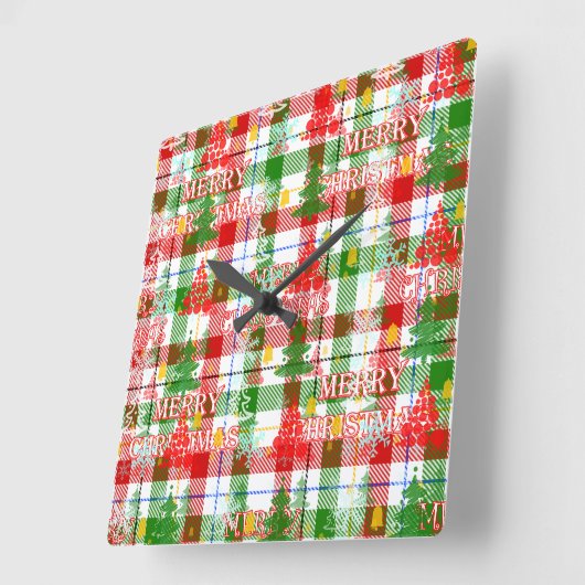 Merry Christmas Decorative Plaid Tartan  Vierkante Klok (Hoek)
