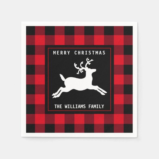Merry Christmas Deer Red Black Buffalo Check Servet (Voorkant)