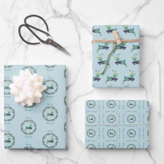 Merry Christmas Deer Teal Wrapping Paper Set of 3 (Voorkant)