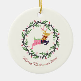 Merry Christmas Deer with Wreath Customize Keramisch Ornament