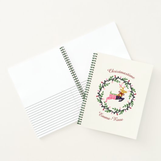 Merry Christmas Deer with Wreath Customize Notitieboek (Binnen)