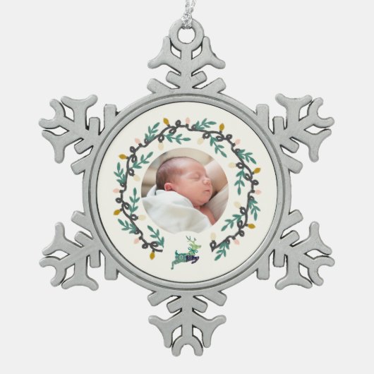 Merry Christmas Deer with Wreath Teal Cream Tin Sneeuwvlok Ornament (Voorkant)