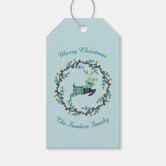 Merry Christmas Deer with Wreath Teal Customize Cadeaulabel (Voorkant)