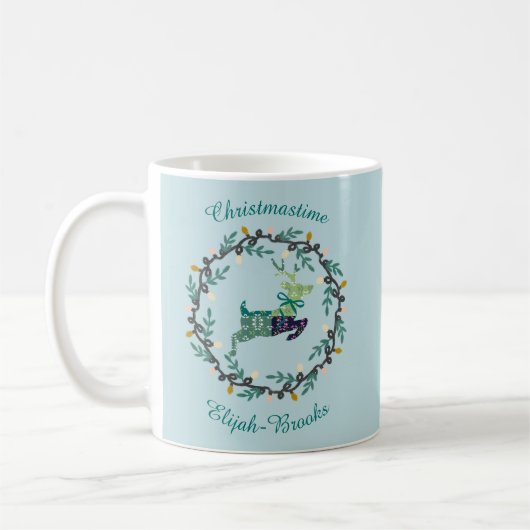 Merry Christmas Deer with Wreath Teal Customize Koffiemok (Links)
