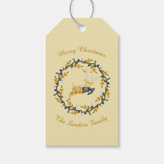 Merry Christmas Deer with Wreath Yellow Customize Cadeaulabel (Voorkant)