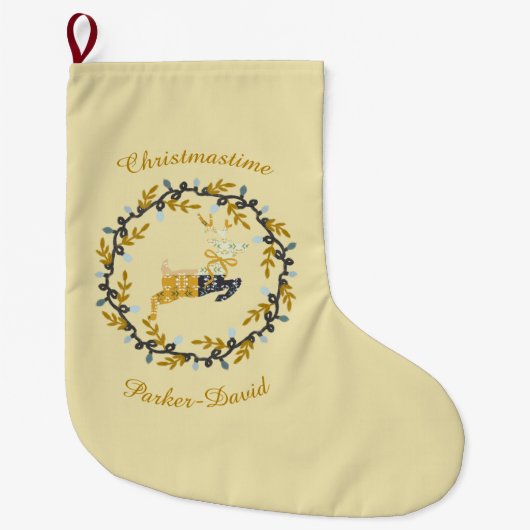 Merry Christmas Deer with Wreath Yellow Customize Grote Kerstsok (Voorkant)