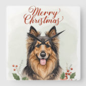 Merry Christmas Dog Festive Winter Home Wall Clock Vierkante Klok (Voorkant)
