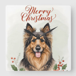 Merry Christmas Dog Festive Winter Home Wall Clock Vierkante Klok
