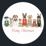 Merry Christmas Dogs Red Green Ronde Sticker<br><div class="desc">Leuke illustratie van honden gekleed in kerstkledij.</div>