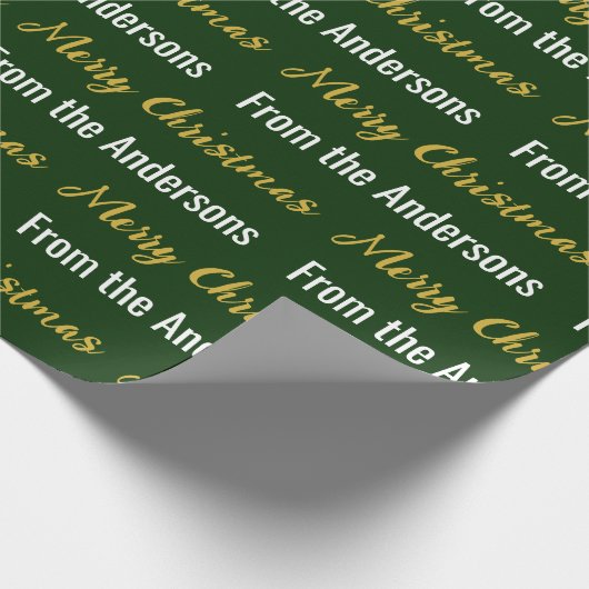 Merry Christmas Donkergroen Wit Goud Script Naam Cadeaupapier (Hoek)