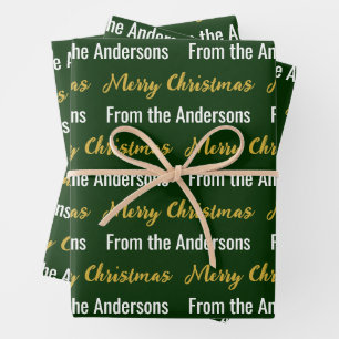 Merry Christmas Donkergroen Wit Goud Script Naam Inpakpapier Vel